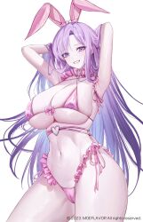 Rule 34 | 1girl, animal ears, armpits, arms behind head, arms up, bow, bow bra, bra, breasts, cameltoe, cleavage, copyright notice, covered erect nipples, cowboy shot, curvy, frilled panties, frills, grin, highleg, highleg panties, holding, holding own hair, huge breasts, lichiko, lingerie, long hair, looking at viewer, micro bra, navel, original, panties, pink bra, pink panties, purple eyes, purple hair, rabbit ears, side-tie panties, simple background, skindentation, smile, solo, underwear, very long hair, white background, wide hips