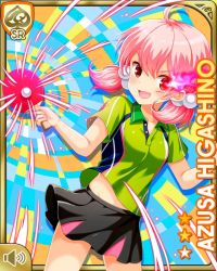 Rule 34 | 1girl, ball, blue background, card (medium), character name, collar, collarbone, girlfriend (kari), green shirt, grey skirt, higashino azusa, holding, holding paddle, looking at viewer, midriff peek, official art, open mouth, paddle, pants, pink eyes, pink hair, qp:flapper, shirt, skirt, smile, solo, standing, table tennis ball, table tennis paddle, tagme, twintails, v-shaped eyebrows