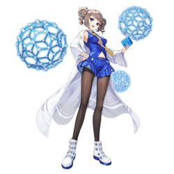 Rule 34 | 1girl, blonde hair, blue eyes, blue skirt, breasts, clothing cutout, double bun, feet, from below, full body, groin, happy, highres, holding, lab coat, legs, legs apart, looking at viewer, navel, navel cutout, open mouth, pantyhose, shoes, skirt, small breasts, smile, sneakers, solo, standing, thighs, transparent background, unitia, wide sleeves