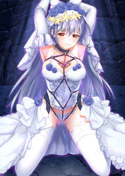 Rule 34 | 1girl, arms behind head, bdsm, blush, bondage, bound, breasts, bridal veil, elbow gloves, girls&#039; frontline, gloves, gluteal fold, highres, kneeling, long hair, medium breasts, neck ribbon, official alternate costume, panties, pinstripe pattern, red eyes, ribbon, shailiar, silver hair, solo, striped, tearing up, thighhighs, tokarev (a couple&#039;s journey) (girls&#039; frontline), tokarev (girls&#039; frontline), underwear, veil, very long hair, white gloves, white panties, white thighhighs