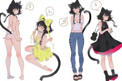 Rule 34 | 1girl, ;o, animal ears, arms behind back, arutera, ass, bad id, bad twitter id, bare legs, barefoot, bikini, black hair, boots, bow, braid, breasts, bright pupils, cat ears, cat tail, cleavage cutout, clothing cutout, covered navel, dress, fang, fingers together, flower, from behind, hair bow, hair flower, hair ornament, highres, looking at viewer, looking back, medium breasts, midriff, multiple views, one eye closed, original, own hands together, purple eyes, short hair with long locks, sidelocks, simple background, sitting, small breasts, speech bubble, standing, string bikini, swimsuit, tail, tail bow, tail ornament, twin braids, wariza, white background, white bikini, white pupils, yellow dress