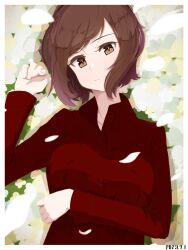 Rule 34 | 1girl, brown eyes, brown hair, closed mouth, collared shirt, commentary, dated, from above, girls und panzer, head tilt, highres, looking at viewer, lying, nishizumi maho, on back, oritako, petals, red shirt, shirt, short hair, short sleeves, smile, solo, upper body, wing collar