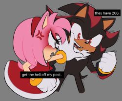 Rule 34 | 1boy, 1girl, amy rose, anger vein, angry, animal ears, animal nose, arm up, black fur, black hair, body fur, clenched hand, constricted pupils, cowboy shot, cropped legs, dress, english text, fang, flat chest, flat color, furry, furry female, furry male, gloves, grey background, hairband, hand up, happy, jpeg artifacts, long hair, looking at another, looking at viewer, meme, multicolored fur, multicolored hair, open mouth, outstretched arm, pink fur, psychohog, pushing, red dress, red eyes, red fur, red hair, red hairband, shadow the hedgehog, short dress, sidelocks, sideways mouth, simple background, sketch, sleeveless, sleeveless dress, smile, sonic (series), spiked hair, streaked hair, tail, talking, teeth, trembling, two-tone fur, two-tone hair, white eyes, white fur, white gloves