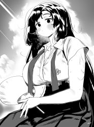 Rule 34 | 1girl, blush, breasts, cleavage, closed mouth, cloud, contrail, cumulonimbus cloud, greyscale, hand fan, highres, large breasts, long hair, looking at viewer, monochrome, necktie, original, paper fan, pleated skirt, ryusei hashida, school uniform, short sleeves, sitting, skirt, solo, sweat, undone necktie