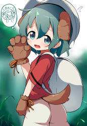 Rule 34 | &gt; &lt;, 1girl, animal ears, animal hands, ass, backpack, bag, blue eyes, blurry, blurry background, blush, brown gloves, claw pose, closed eyes, commentary request, depth of field, dog ears, dog girl, dog tail, flying sweatdrops, gloves, green hair, grey headwear, hair between eyes, hand up, helmet, highres, kaban (kemono friends), kemono friends, kemonomimi mode, makuran, open mouth, paw gloves, red shirt, shirt, short hair, short sleeves, shorts, solo, standing, tail, thought bubble, wavy mouth, white shorts