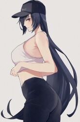 Rule 34 | 1girl, bare arms, baseball cap, black hair, black hat, black pants, blush, breasts, camisole, closed mouth, clothes writing, from side, grey background, hat, highres, kantai collection, kasumi (skchkko), large breasts, long hair, looking at viewer, midriff, nagato (kancolle), pants, red eyes, sideboob, simple background, solo, white camisole