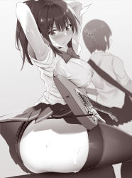 Rule 34 | 2girls, armpits, arms behind head, ass, black panties, bow, bowtie, breasts, electric guitar, guitar, highres, instrument, lactation, lactation through clothes, large breasts, looking at viewer, monochrome, multiple girls, nipples, noripachi, original, panties, pleated skirt, ponytail, shirt, short hair, short sleeves, sitting, skirt, thighhighs, underwear, wet, wet clothes, wet shirt