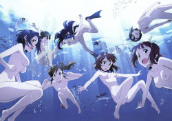 Rule 34 | 1boy, 6+girls, absurdres, ahoge, anus, breasts, character request, diving, diving mask, fish, goggles, hair ribbon, highres, idolmaster, innertube, long hair, looking at viewer, multiple girls, nipples, nude, ocean, open mouth, penis, pussy, ribbon, short hair, side ponytail, snorkel, spread legs, swim ring, uncensored, underwater, v