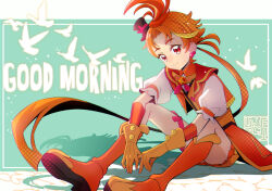 Rule 34 | 1boy, ahoge, artist logo, boots, brown eyes, brown hair, commentary request, cure wing, earrings, english text, eyelashes, gloves, good morning, happy, hirogaru sky! precure, jewelry, kamikita futago, long hair, looking at viewer, low ponytail, magical boy, multicolored hair, orange hair, ponytail, precure, sitting, smile, solo, two side up, yuunagi tsubasa