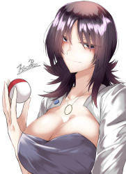 Rule 34 | 1girl, absurdres, breasts, brown eyes, cleavage, creatures (company), game freak, highres, holding, holding poke ball, lab coat, large breasts, looking at viewer, nintendo, philena ivy, poke ball, pokemon, pokemon (anime), pokemon (classic anime), purple hair, simple background, smile, solo, strapless, swimsuit, tgxx3300, upper body, white background