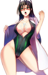 Rule 34 | 10s, 1girl, antenna hair, areola slip, black hair, blush, breasts, cleavage, covered erect nipples, cream, cum, cum on body, cum on breasts, cum on upper body, female focus, front zipper swimsuit, glasses, green eyes, hasegawa chisato, highres, kairos+, lab coat, large breasts, long hair, md5 mismatch, meme attire, mole, mole under eye, nipple slip, nipples, one-piece swimsuit, open mouth, saliva, shinmai maou no testament, simple background, solo, standing, swimsuit, thighhighs