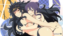 Rule 34 | 10s, 2girls, abs, ass, ass grab, bikini, black bikini, black hair, blush, grabbing another&#039;s breast, breast press, breasts, clenched teeth, curly hair, daidouji (senran kagura), female focus, folded ponytail, from side, grabbing, grin, hat, highres, huge breasts, large breasts, long hair, looking at another, midriff, mole, multiple girls, naughty face, official art, official wallpaper, open mouth, parted lips, purple hair, red eyes, senran kagura, senran kagura estival versus, short hair, smile, smirk, striped, striped background, rin (senran kagura), sweat, swimsuit, teeth, toned, underboob, very long hair, visor cap, wallpaper, yuri