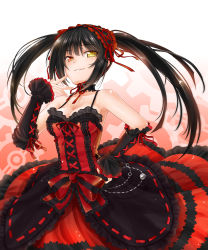 Rule 34 | 10s, 1girl, bare shoulders, black hair, breasts, choker, cleavage, clock, date a live, detached sleeves, dress, gears, gothic lolita, hairband, hand on own hip, heterochromia, lolita fashion, lolita hairband, long hair, looking at viewer, okitakung, red dress, ribbon choker, smirk, solo, symbol-shaped pupils, tokisaki kurumi, twintails, yellow eyes