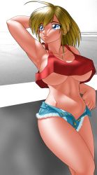 Rule 34 | 1girl, abs, against wall, ahoge, armpits, blonde hair, blue eyes, breasts, camisole, cleavage, crop top, delica, denim, denim shorts, groin, highres, large breasts, midriff, mika (tokyo circuit), navel, no bra, no panties, open clothes, open fly, open shorts, original, short shorts, shorts, solo, unbuttoned, underboob, unzipped, whiskers