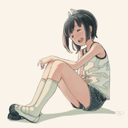 1girl :d ^_^ bad_id bad_tumblr_id bare_shoulders black_hair black_shorts brown_background closed_eyes female_focus head_tilt headgear highres i-401_(kancolle) kantai_collection kneehighs kokudou_juunigou open_mouth round_teeth shirt shoes short_shorts shorts signature sitting sleeveless sleeveless_shirt smile socks solo teeth upper_teeth_only upshorts uwabaki white_shirt white_shoes white_socks