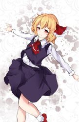 Rule 34 | 1girl, ascot, black skirt, black vest, blonde hair, closed mouth, collared shirt, hair ribbon, highres, long sleeves, orchid (orukido), outstretched arms, red ascot, red eyes, red footwear, red ribbon, ribbon, rumia, shirt, short hair, skirt, smile, solo, split mouth, touhou, vest, white background, white legwear, white shirt