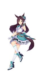 Rule 34 | 1girl, animal ears, aqua bow, bad link, bare shoulders, belt, bow, breasts, brown hair, closed mouth, ear bow, ear ornament, full body, game model, gloves, hair between eyes, hair ornament, hairclip, highres, horse ears, horse girl, horse tail, long hair, looking at viewer, medium breasts, mejiro dober (umamusume), purple eyes, shirt, shoes, skirt, sleeveless, smile, solo, standing, tachi-e, tail, transparent background, umamusume, white footwear, white gloves, white shirt