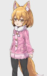 Rule 34 | 1girl, :p, animal ear fluff, animal ears, black pantyhose, blonde hair, blush stickers, buttons, coat, drawstring, feet out of frame, fox ears, fox girl, fox tail, fur collar, grey background, hair between eyes, long sleeves, looking at viewer, nyifu, original, pantyhose, pink coat, pom pom (clothes), short hair, simple background, solo, tail, tongue, tongue out, yellow eyes