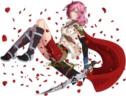 Rule 34 | 10s, 1girl, 2012, blue eyes, cape, final fantasy, final fantasy xiii, lightning farron, long hair, looking at viewer, pink hair, solo, sword, weapon