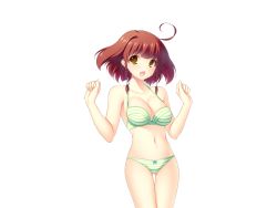 Rule 34 | 1girl, antenna hair, ayase hazuki, bra, braid, breasts, brown hair, cleavage, game cg, grand cru bourgeois, happy, large breasts, legs, looking at viewer, momose nonoa, navel, nukidoki!, open mouth, panties, short hair, simple background, smile, solo, standing, striped clothes, striped panties, thighs, underwear, yellow eyes