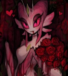 Rule 34 | 1girl, absurdres, antennae, arthropod girl, black eyes, blood, bouquet, closed mouth, colored sclera, colored skin, flower, heart, highres, holding, holding bouquet, looking at viewer, mantis girl, matilda fiship, monster girl, original, pink sclera, pink skin, red flower, red rose, rose, smile, solo