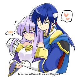 Rule 34 | 1boy, 1girl, bare shoulders, blue cape, blue eyes, blue hair, blush, breasts, brother and sister, cape, circlet, dress, fire emblem, fire emblem: genealogy of the holy war, headband, holding another&#039;s hair, holding hands, hug, hug from behind, implied incest, incest, julia (fire emblem), long hair, medium breasts, nintendo, ponytail, purple cape, purple eyes, purple hair, seliph (fire emblem), siblings, simple background, spoken expression, white headband, wide sleeves, yukia (firstaid0)