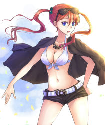 Rule 34 | 1girl, :o, belt, bikini, bikini top only, bikini under clothes, blue eyes, breasts, brown hair, cleavage, eyewear on head, front-tie top, hair bobbles, hair ornament, halterneck, hand on own hip, jacket, jacket on shoulders, jewelry, large breasts, long hair, midriff, navel, necklace, original, short shorts, shorts, solo, standing, suikakitsu shiro, sunglasses, swimsuit, twintails, xia you qing