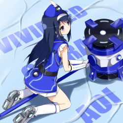 Rule 34 | 1girl, blue eyes, blue hair, blush, boots, futaba aoi (vividred operation), gloves, hairband, hammer, hat, kneeling, long hair, looking at viewer, looking back, matching hair/eyes, palette suit, sch, solo, vividred operation