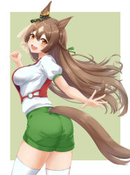 Rule 34 | 1girl, animal ears, braid, brown hair, clenched hand, clothing cutout, commentary, ear scrunchie, french braid, from behind, green scrunchie, green shorts, grey background, gym shirt, gym shorts, gym uniform, highres, horse ears, horse girl, horse tail, kemuri (etep3372), leaning forward, long hair, looking at viewer, looking back, open mouth, orange eyes, satono diamond (umamusume), scrunchie, shirt, short sleeves, shorts, smile, solo, standing, t-shirt, tail, tail through clothes, thighhighs, umamusume, very long hair, white shirt, white thighhighs, wind