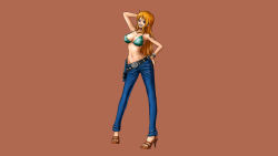 Rule 34 | 1girl, bracelet, breasts, brown eyes, denim, earrings, feet, female focus, full body, highres, jeans, jewelry, large breasts, long hair, midriff, nami (one piece), official art, one piece, one piece burning blood, orange hair, pants, sandals, solo, tattoo