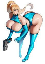 Rule 34 | 1girl, ass, bent over, blonde hair, blue eyes, breast cutout, breasts, cleavage, cleavage cutout, clothing cutout, collarbone, elbow gloves, full body, ghostdoctor, gloves, gun, handgun, highres, holding, holding gun, holding weapon, huge ass, huge breasts, large breasts, long hair, looking at viewer, metroid, nintendo, ponytail, revealing clothes, samus aran, sidelocks, simple background, skin tight, solo, swept bangs, thighhighs, thighs, weapon, white background