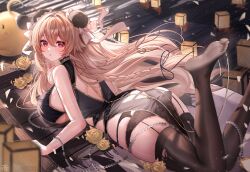 Rule 34 | 1girl, absurdres, anchorage (azur lane), anchorage (moonlit boat ride) (azur lane), ass, azur lane, bare arms, bare shoulders, black garter belt, black garter straps, black panties, black thighhighs, blush, braid, breasts, brown hair, bun cover, china dress, chinese clothes, clothing cutout, double bun, dress, feet, flower, garter belt, garter straps, hair bun, hair ornament, highres, large breasts, light brown hair, long hair, looking at viewer, looking back, lying, official alternate costume, on stomach, open mouth, panties, red eyes, soles, solo, tansuan (ensj3875), thighhighs, thighs, torn clothes, torn thighhighs, underwear