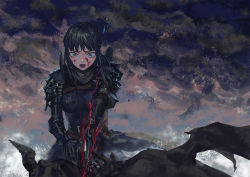 Rule 34 | 1girl, armor, bleeding, blood, blood on face, chainmail, cloud, cloudy sky, death, fog, gauntlets, green eyes, green hair, holding, holding weapon, horns, knight, liyou-ryon, lower teeth only, monster, mountain, open mouth, original, outdoors, pauldrons, shoulder armor, single horn, sky, surprised, teeth, tongue, vambraces, weapon, wings