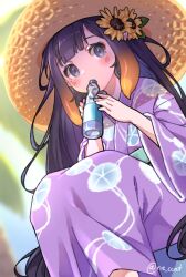 Rule 34 | 1girl, alternate costume, artist name, blunt bangs, blurry, blurry background, blush, bottle, brown hat, center-flap bangs, commentary request, day, eyelashes, floral print, flower, from below, gradient hair, hair flower, hair ornament, hands up, hat, highres, holding, holding bottle, hololive, hololive english, japanese clothes, kimono, long hair, long sleeves, looking at viewer, mole, mole under eye, morning glory print, multicolored hair, ninomae ina&#039;nis, orange hair, outdoors, pointy ears, print kimono, purple eyes, purple hair, purple kimono, ramune, rie ccat, sidelocks, solo, straw hat, sunflower, tentacle hair, twitter username, very long hair, virtual youtuber, wide sleeves, yellow flower