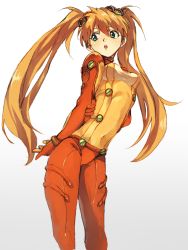 Rule 34 | 1girl, alternate breast size, alternate hairstyle, artist request, blue eyes, bodysuit, breasts, brown hair, evangelion: 2.0 you can (not) advance, highres, long hair, long twintails, looking to the side, neon genesis evangelion, open mouth, plugsuit, rebuild of evangelion, red bodysuit, skin tight, solo, souryuu asuka langley, test plugsuit, wide hips