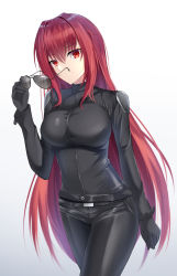 Rule 34 | 1girl, absurdres, alternate costume, belt, black-framed eyewear, black bodysuit, black gloves, blunt bangs, bodysuit, breasts, clenched hand, cowboy shot, eyes visible through hair, unworn eyewear, fate/grand order, fate (series), feng mouren, gloves, gradient background, grey background, hair between eyes, hair intakes, hand up, highres, holding, holding removed eyewear, large breasts, long hair, looking at viewer, red eyes, red hair, scathach (fate), serious, shiny clothes, shoulder pads, skin tight, solo, standing, sunglasses, type-moon, very long hair, white background
