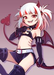 Rule 34 | 1girl, arm support, armpit crease, black footwear, boots, choker, commentary, cosplay, demon horns, demon tail, disgaea, dudul, elbow gloves, english commentary, etna (disgaea), etna (disgaea) (cosplay), flat chest, gawr gura, gills, gloves, gradient background, highres, hololive, hololive english, horns, looking at viewer, multicolored hair, navel, o-ring, o-ring choker, open mouth, pointy ears, red eyes, red hair, reflect (gawr gura), sharp teeth, skirt, slit pupils, smile, solo, stomach, streaked hair, tail, teeth, thigh boots, virtual youtuber, white hair