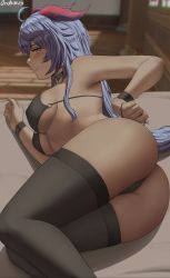 Rule 34 | 1girl, ahoge, artist name, ass, bikini, bikini pull, black bikini, black choker, black thighhighs, black wristband, blue hair, blurry, blurry background, breasts, choker, closed mouth, clothes pull, covered erect nipples, feet out of frame, ganyu (genshin impact), genshin impact, goat horns, highres, horns, long hair, looking at viewer, lying, medium breasts, on bed, on side, oroborus, profile, pulling own clothes, purple eyes, smile, solo, string bikini, swimsuit, thighhighs, underboob, untying