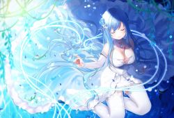 Rule 34 | 1girl, blue background, blue flower, blue hair, blurry, blush, breasts, brooch, cleavage, cleavage cutout, closed eyes, closed mouth, clothing cutout, depth of field, detached sleeves, dress, emori miku, facing down, flower, glowing, hair flower, hair ornament, jewelry, kneeling, large breasts, lips, liver city, long dress, long hair, official art, plant, see-through, short dress, sleeves past wrists, smile, solo, thighhighs, white thighhighs, zettai ryouiki