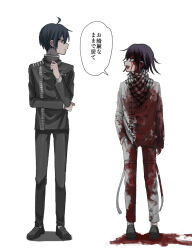 Rule 34 | 2boys, :d, black footwear, black jacket, black pants, blood, blood on clothes, blood on face, buttons, danganronpa (series), danganronpa v3: killing harmony, double-breasted, excessive blood, eye contact, grey background, grey jacket, grey pants, hand in pocket, highres, jacket, kasou (roomno404 ), looking at another, looking to the side, multiple boys, oma kokichi, open mouth, pants, profile, saihara shuichi, shoes, simple background, smile, speech bubble, translation request