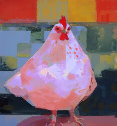 Rule 34 | abstract background, animal focus, beak, bird, black eyes, chicken, commentary, english commentary, faux traditional media, feathers, full body, highres, looking at viewer, multicolored background, no humans, original, painterly, solo, standing, talons, white feathers, yuming li