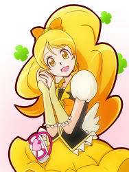 Rule 34 | 10s, 1girl, bakusai, blonde hair, bow, bowtie, cure honey, dress, earrings, hair bow, happinesscharge precure!, jewelry, long hair, magical girl, oomori yuuko, precure, skirt, smile, solo, wide ponytail, wrist cuffs, yellow dress, yellow eyes, yellow skirt
