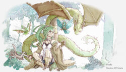 Rule 34 | 1girl, bare shoulders, bird, camisole, character name, comic, commentary, dragon, duel monster, fingerless gloves, forest, gloves, green eyes, green hair, gusto gulldo, high ponytail, highres, holding, holding staff, jacket, knees up, long hair, long sleeves, nature, open clothes, open jacket, ponytail, ranryuu, shorts, sitting, staff, tamago (xyxk3743), tree, wide sleeves, winda (yu-gi-oh!), winda priestess of gusto, yu-gi-oh!