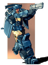 Rule 34 | 1boy, autobot, blitz-wing, blue eyes, full body, gun, handgun, holding, holding gun, holding weapon, male focus, mecha, nightbeat, no humans, orange eyes, personification, robot, smile, solo, standing, transformers, weapon