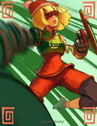 Rule 34 | 1girl, absurdres, arms (game), artist name, beanie, bike shorts, blonde hair, chinese clothes, facepaint, food, green eyes, hat, highres, leggings, leggings under shorts, looking at viewer, mask, min min (arms), noodles, pantyhose, short hair, shorts, solo