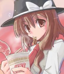 Rule 34 | 1girl, black hat, eating, female focus, food, ghostly field club, hat, lowres, necktie, nissin cup noodle, noodles, oekaki, red background, red necktie, solo, touhou, usami renko
