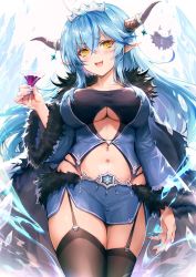 Rule 34 | 1girl, ahoge, alternate costume, black thighhighs, blue coat, blue hair, blue nails, blue skirt, blush, breasts, cleavage, cleavage cutout, clothing cutout, coat, cocktail glass, commentary, cowboy shot, cup, daifuku (yukihana lamy), dark persona, demon horns, drinking glass, fangs, flower, fur trim, garter straps, hair between eyes, hair flower, hair ornament, haoni, heart, heart ahoge, highres, holding, holding cup, hololive, horn ornament, horns, ice, large breasts, light blue hair, long hair, looking at viewer, midriff, miniskirt, multicolored hair, nail polish, navel, open mouth, piercing, pointy ears, revision, side slit, skindentation, skirt, smile, solo, streaked hair, thighhighs, thighs, tiara, tsurime, two-tone hair, underboob, virtual youtuber, yellow eyes, yukihana lamy