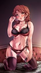 Rule 34 | aquila (kancolle), bare shoulders, blush, bra, breasts, cleavage, collarbone, condom, garter belt, garter straps, groin, hair between eyes, hair ornament, hairclip, hand up, high ponytail, highres, holding, holding condom, indoors, kantai collection, kneeling, light particles, lingerie, long hair, navel, on bed, open mouth, orange hair, panties, ponytail, pussy juice, pussy juice drip through clothes, red bra, red panties, red thighhighs, sidelocks, solo, stomach, strap slip, thighhighs, tsukineko, underwear, underwear only, wavy hair