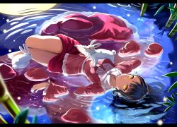 Rule 34 | 1girl, afloat, animal, animal on chest, bamboo, black border, black hair, blurry, border, bow, breasts, depth of field, emerane, eyebrows, fireflies, frills, full moon, glowing, glowing eyes, houraisan kaguya, lake, letterboxed, light particles, long hair, long skirt, long sleeves, looking at viewer, medium breasts, moon, night, on liquid, outdoors, outstretched arms, parted lips, pink shirt, pointing, rabbit, red eyes, red skirt, reflection, ripples, sash, shirt, skirt, smile, solo, star (sky), touhou, water, white bow, yellow eyes