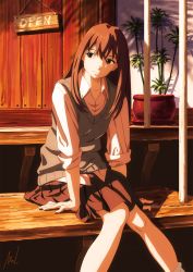 Rule 34 | 1girl, brown hair, brown skirt, facing viewer, feet out of frame, grey sweater vest, highres, long hair, mac naut, mizuho (sonny boy), outdoors, plant, potted plant, school uniform, shadow, sign, sitting, skirt, sleeves rolled up, solo, sonny boy, sweater vest, twilight, uniform